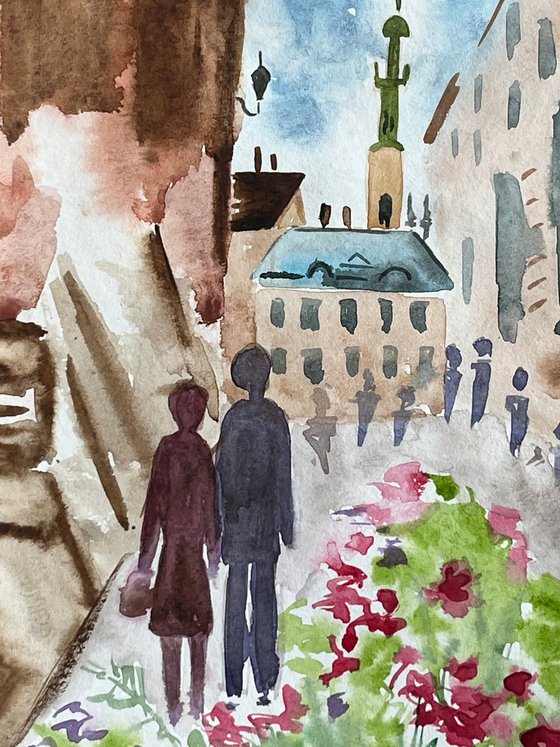 Lviv Painting Couple Original Art Ukraine Small Watercolor Cityscape Artwork 8 by 12 inches by Halyna Kirichenko