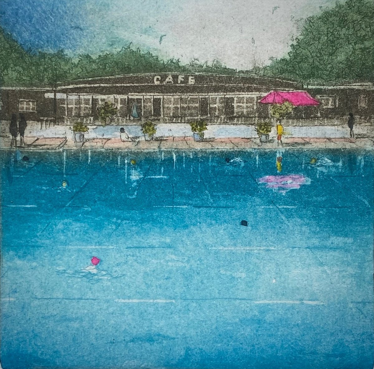Illustrative Landscape Etchings & Engravings By Rebecca Denton, 7 X 7", Parly Lido Mini, Original Artwork
