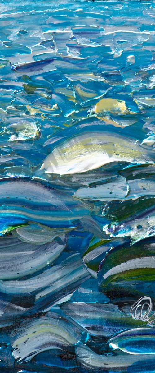 Original Oil Painting with Palette knife on Canvas -  Impressionist Roling Blue Sea Waves 10"x10" by Lena Owens at OLena Art