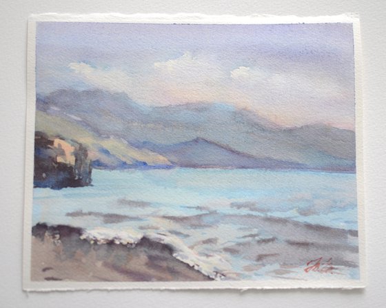 Crete sea and mountains, blue and purple watercolor