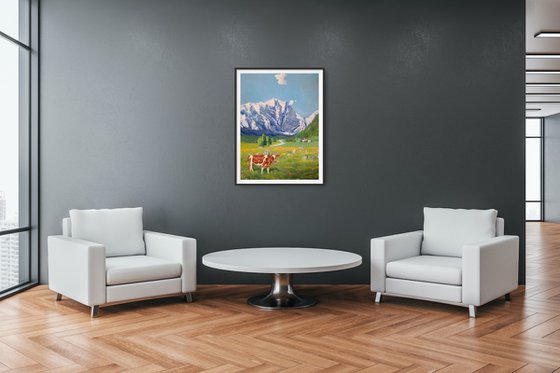 Funny Cow in Switzerland mountains landscape Painting