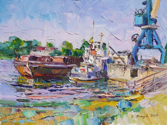 Plein air 24-07-2017 (boats, Dnieper river) palette knife