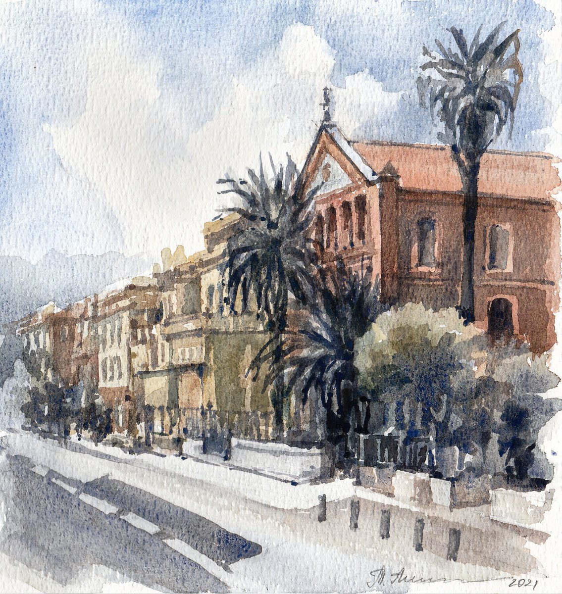 Impressionistic Cityscapes Watercolour By Tatiana Alekseeva, 7 X 8", Menton, Promenade Du Soleil, Original Artwork