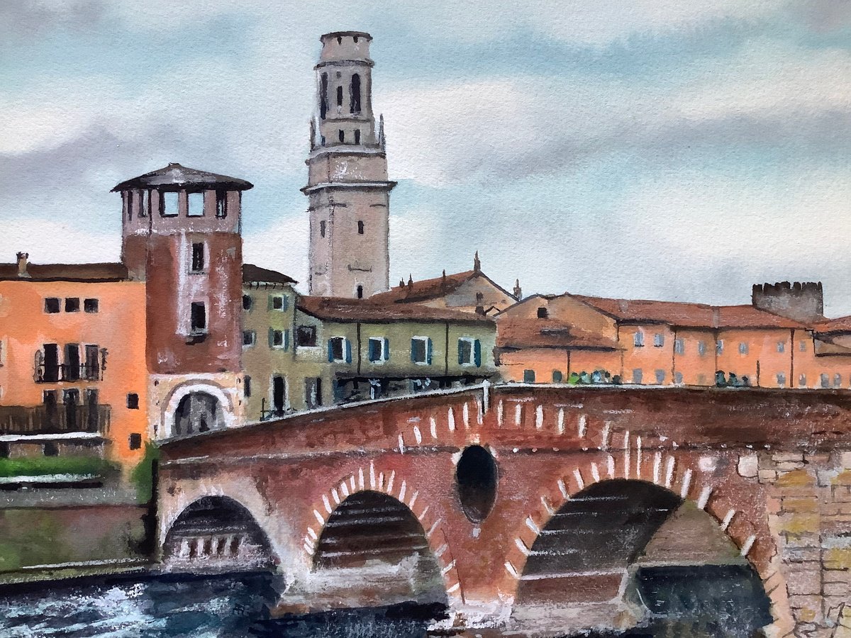 Impressionistic Cityscapes Watercolour By Darren Carey, 15 X 11, Verona Italy, Original Artwork