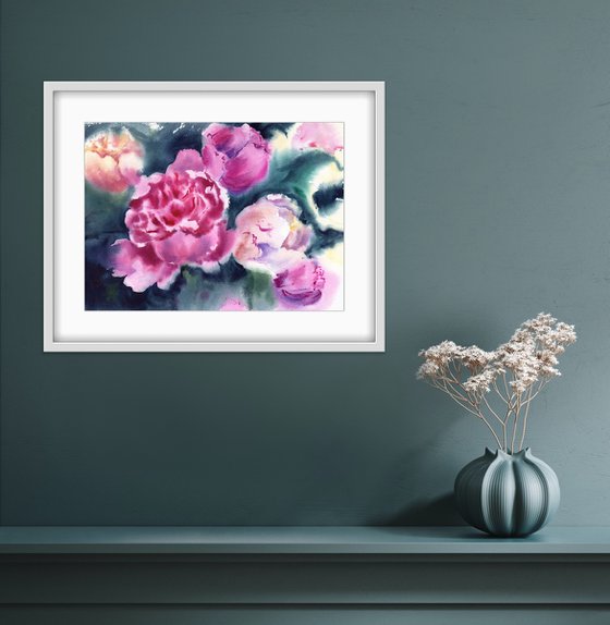 Blooming pink peonies. Original artwork.