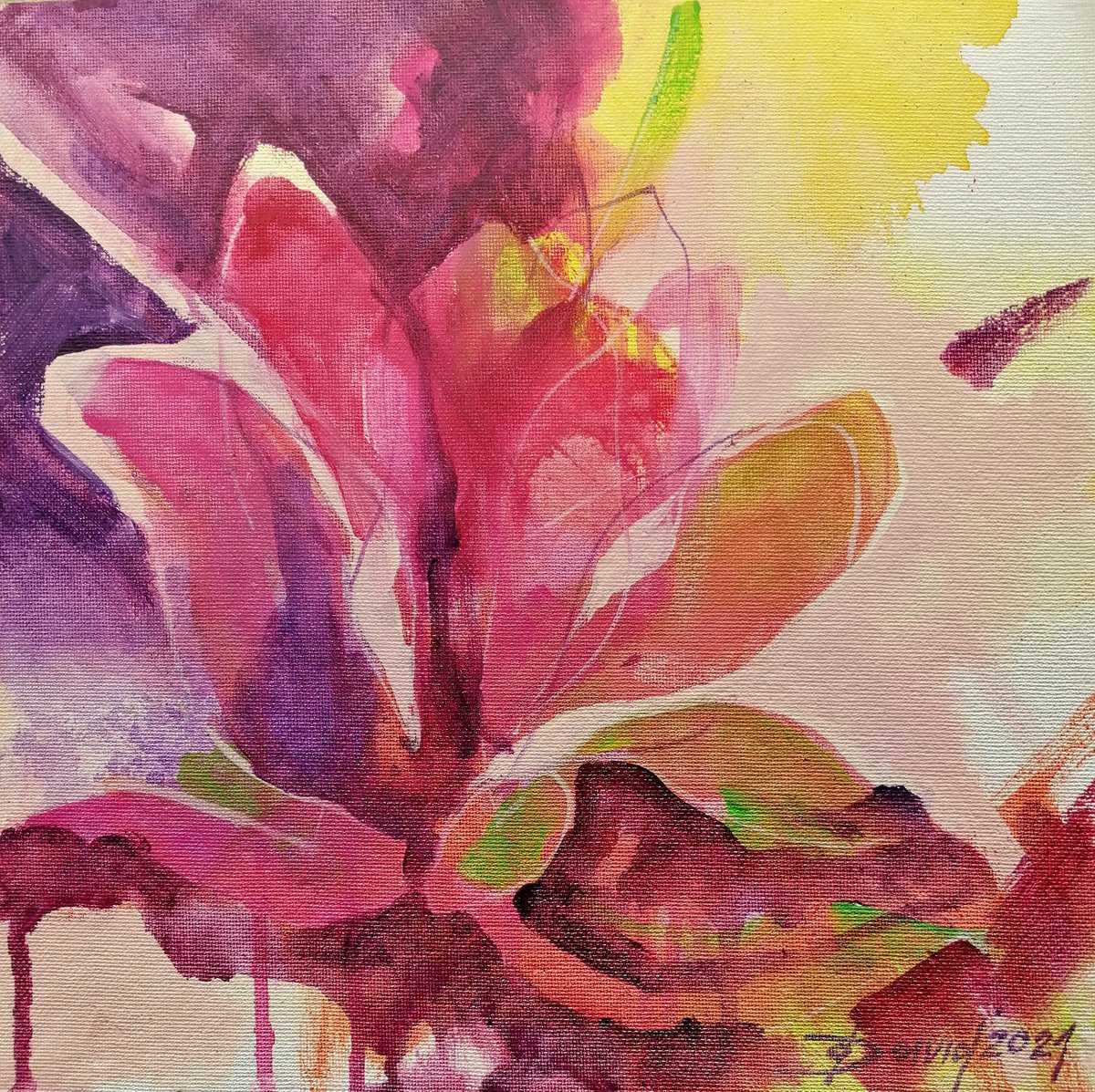 Organic Botanical Acrylic Painting By Olga David, 12 X 12", Magnolia Bloom, Original Artwork