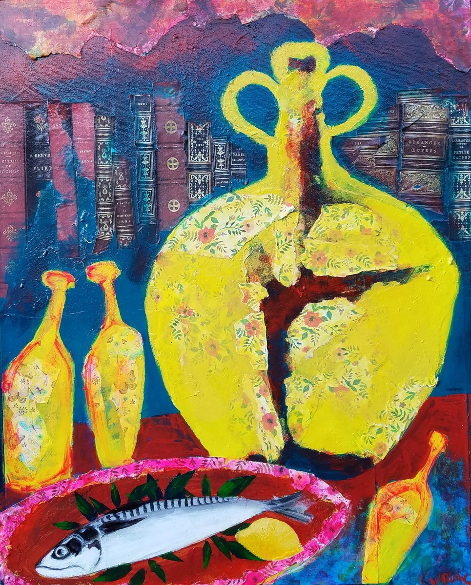 Impressionistic Still Life Painting By Kevin Blake, 16 X 20", Antique Jug And Fish, Original Artwork