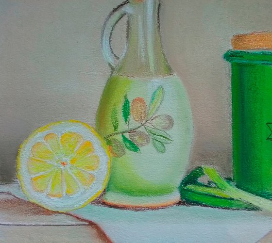 Still Life with lemons and a green jar