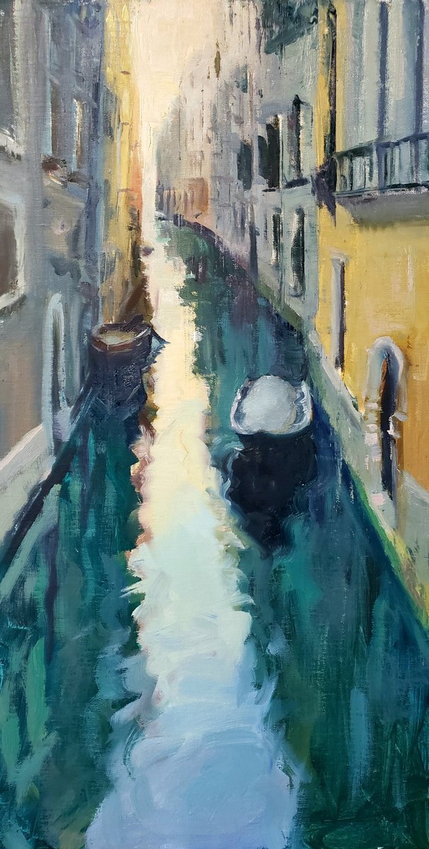 Impressionistic Cityscapes Oil Painting By Kristina Sellers, 10 X 20", Mysterious Canal, Original Artwork