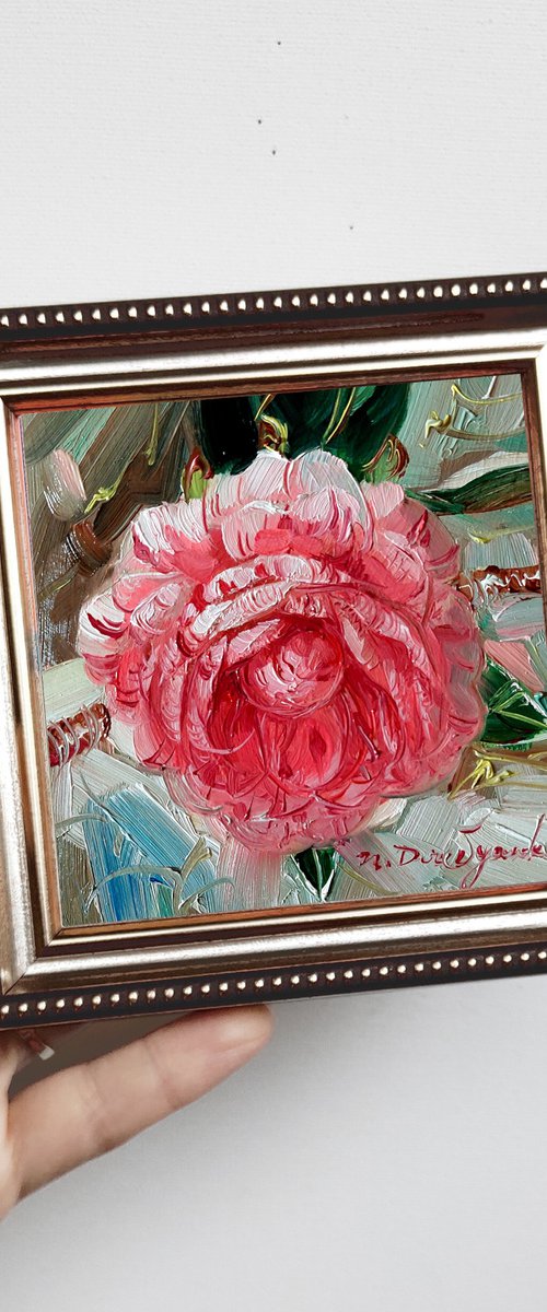 Camellia original oil painting framed, Small painting pink flowers, Unique camellia wall art, Floral art gift for women by Nataly Derevyanko