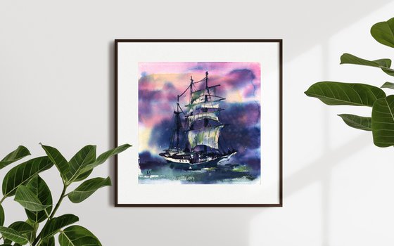 Daydream - Sea romantic landscape with a sailboat against the backdrop of a dramatic sunset sky