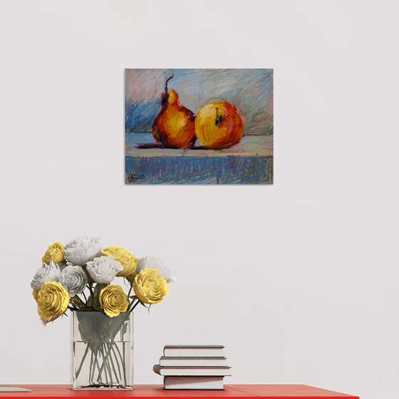 Still life with apple and pear. Home isolation series. Oil pastel painting. Small still life fruits interior decor gift spain shadow original impression