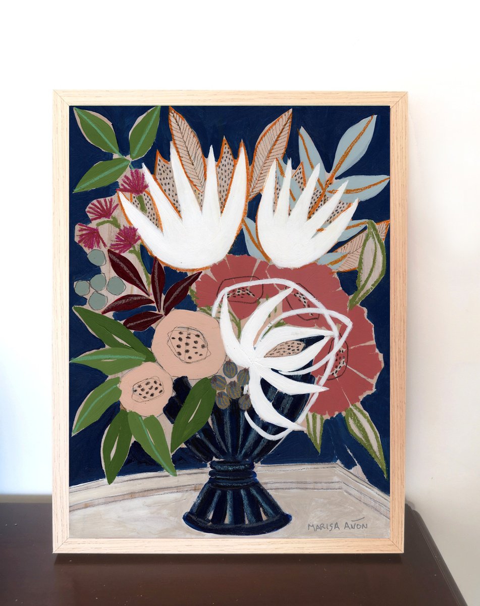 Botanical Painting By Marisa Anon, 13 X 17", Florals In Blue Vi, Original Artwork