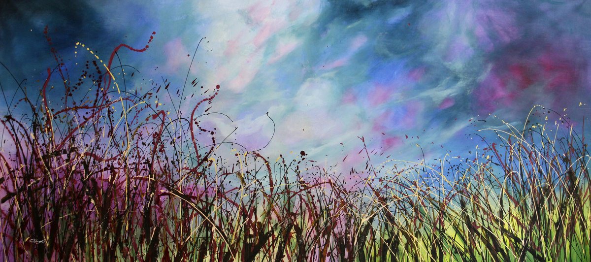 Expressive Botanical Acrylic Painting By Cecilia Frigati, 82 X 38, Happy Memories #2, Original Artwork