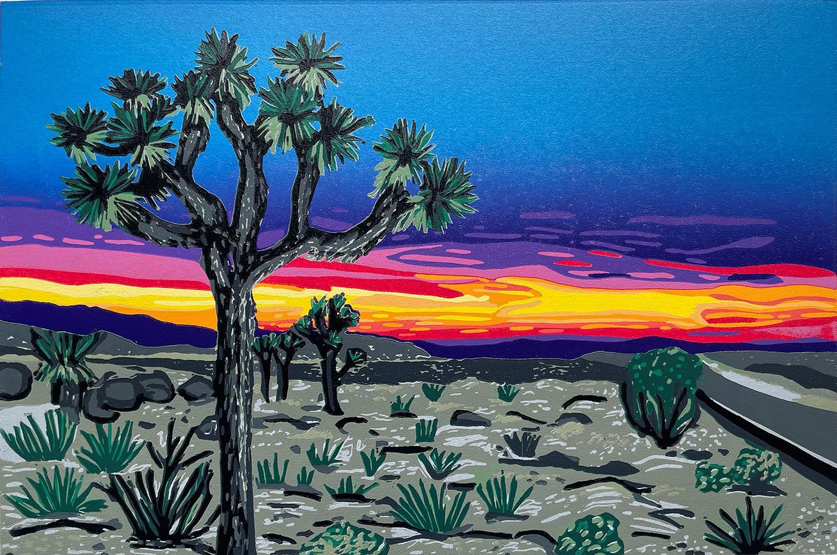 Expressive Landscape Linocut By Kirstie Dedman, 14 X 10", Joshua Sunset, Original Artwork