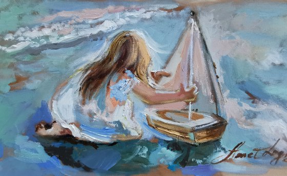 Miniature sea painting, maritime atmosphere on an oil canvas