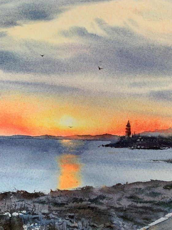 Sunset on the sea, Lighthouse