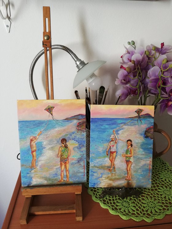 "Two Girls Playing with a Kite " Original Oil Artwork 7 by 10" (18x24cm)