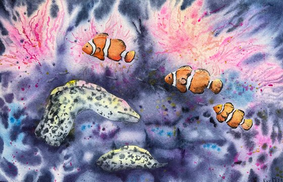 Nemofish and moray eel underwater, coral reef life. Original artwork.