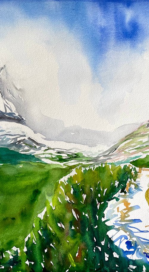 Mountain Original Watercolor Painting, Slovak Large Landscape Artwork, Nature Wall Art, Apres Ski Decor by Kate Grishakova
