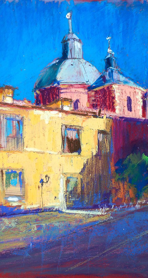 Plaza de las Comendadoras, Madrid. Sunny urban landscape in Madrid. Small oil pastel impressionistic interior painting by Sasha Romm