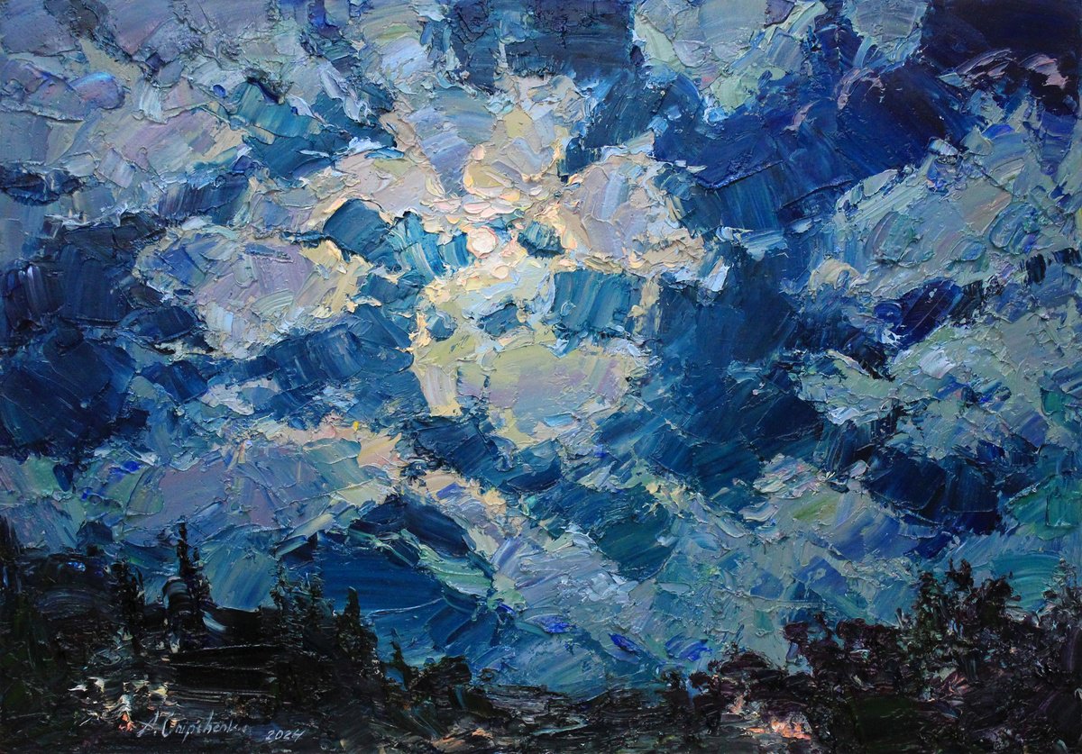 Impressionistic Landscape Oil Painting By Alisa Onipchenko-Cherniakovska, 20 X 14, Night Sky With Moon And Clouds, Artfinder