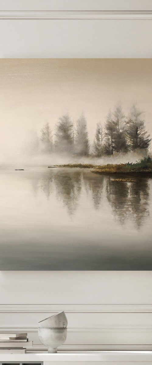 "River Fog 2" River landscape oil art by Mary Amur