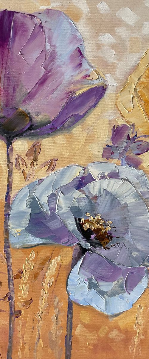 Flowers on yellow. Oil painting, original art by Mary Voloshyna
