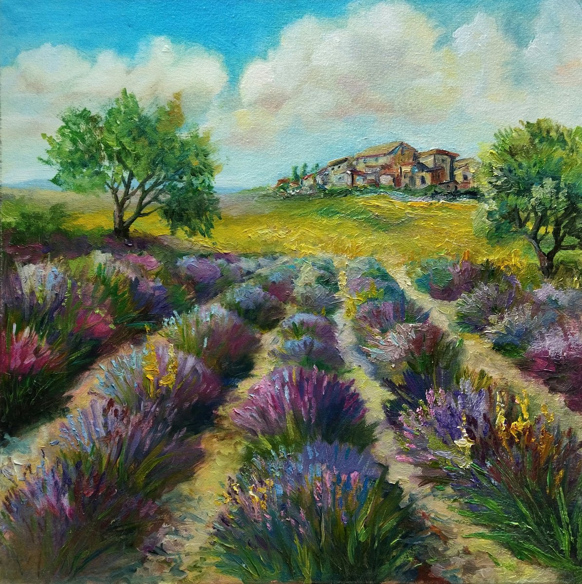 Impressionistic Landscape Oil Painting By Ann Krasikova, 16 X 16, Lavender Field Oil Painting, Original Artwork