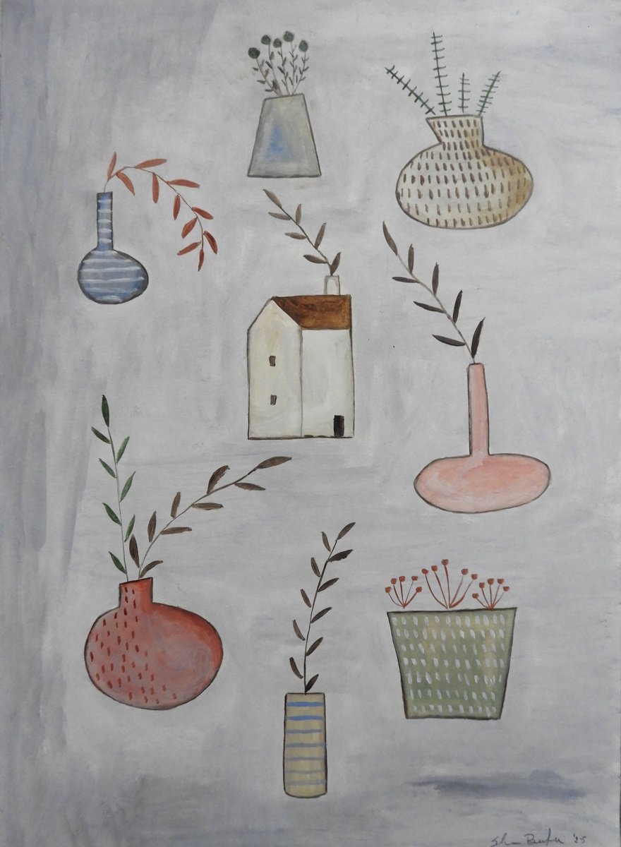 Illustrative Botanical Oil Painting By Silvia Beneforti, 12 X 17", A Small Group Of Plant Vases, Original Artwork