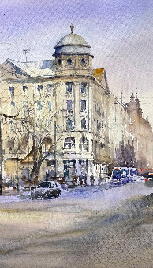 Riga, Elizabetes Street. Watercolor on paper by Aleksandrs Neberekutins