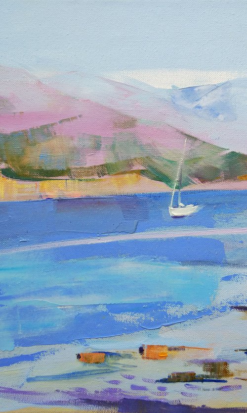 Appeasement near the Sea . Yachts in Montenegro . Original plein air oil painting . by Helen Shukina