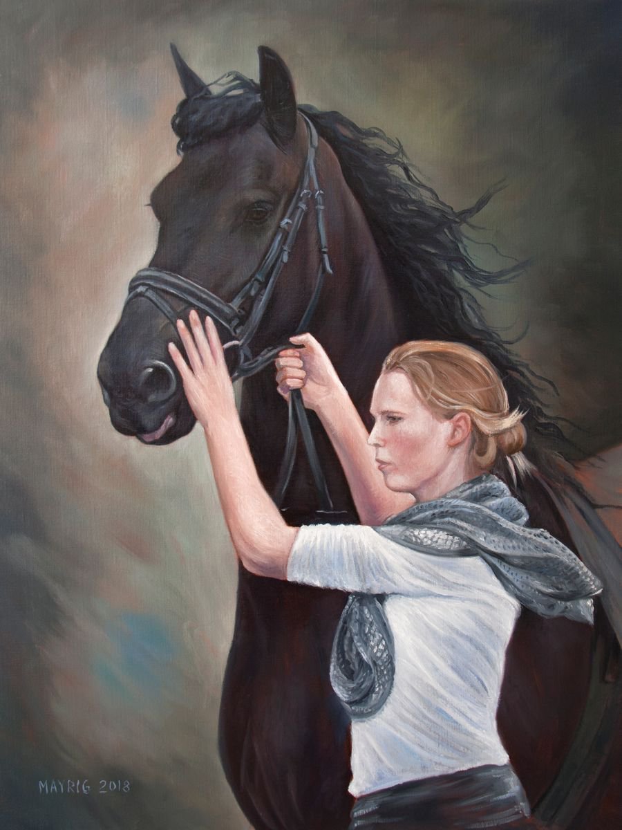 Girl with her Friesian Horse (Original Oil Painting, 100% Handmade) by Mayrig Simonjan