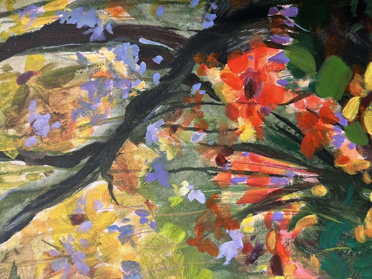 Impressionistic Botanical Acrylic Painting By Annette Wolters, 48 X 30, Field Of Dreams, Original Artwork