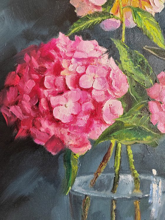 Pink hydrangea bouquet original oil painting still life 16x20"