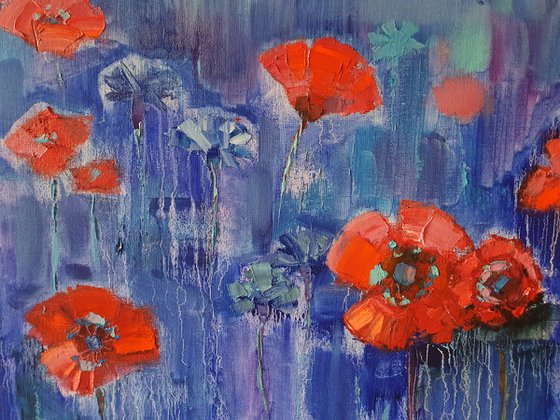 Poppies on blue