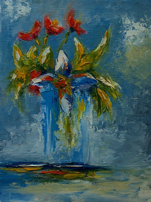 Abstract still life painting. Small oil painting with flowers for gift by Marinko Šaric