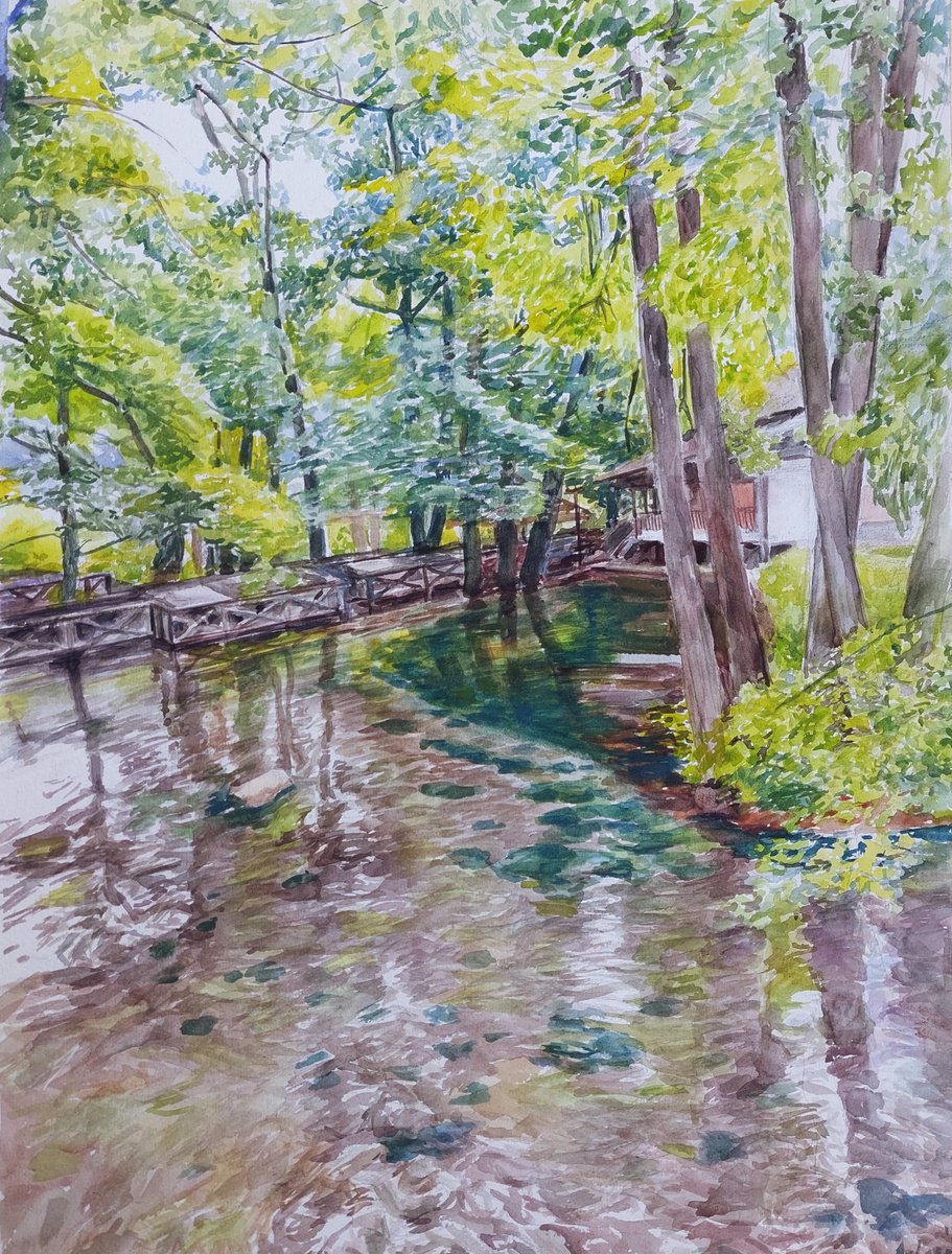Watercolor river painting by Jelena Milojevic