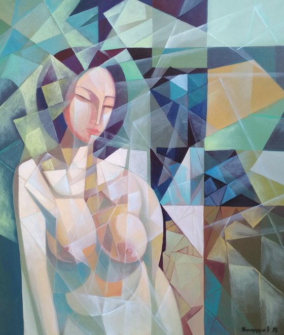 Morning (70x80cm, cubism, oil painting, ready to hang)