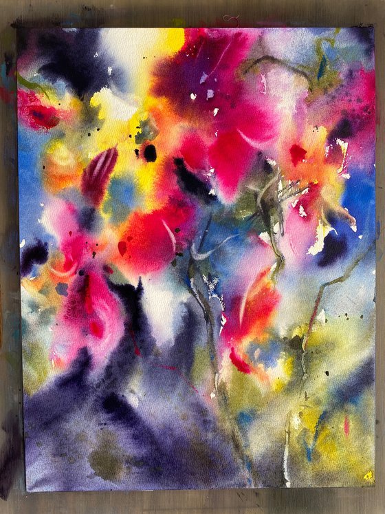 Stained-glass window (Orchids 8) - floral watercolor