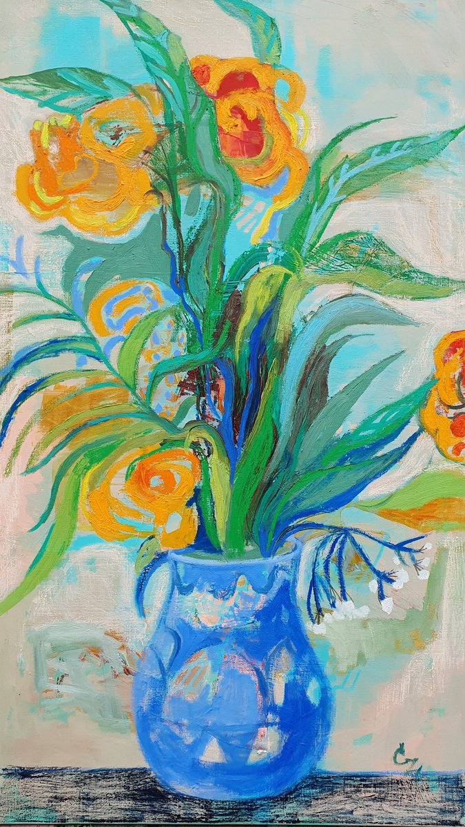 Expressive Still Life Oil Painting By Victoria Cozmolici, 28 X 47", Summer Flowers, Original Artwork