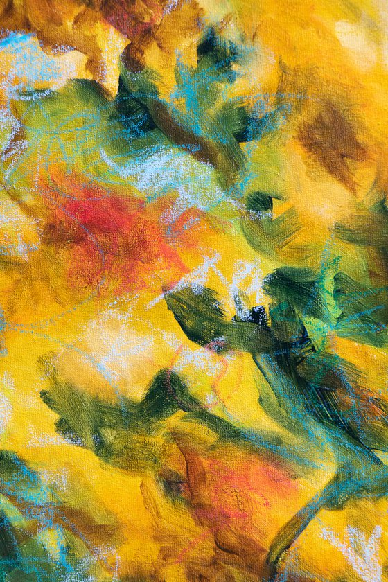 "Floral fantasy" - oil painting yellow - orange green turquoise blue - floral - flower - decorative original - home interior design