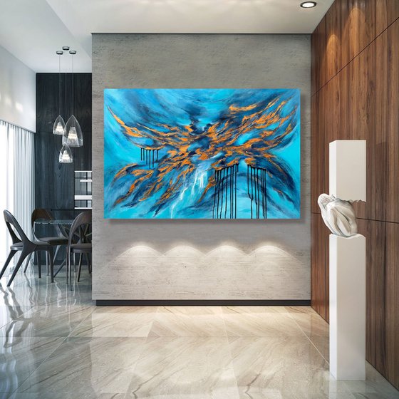 COMMISSIONED ARTWORK FOR M N-K - Blue Planet #2 - XL LARGE,  TEXTURED ABSTRACT ART – EXPRESSIONS OF ENERGY AND LIGHT. READY TO HANG!