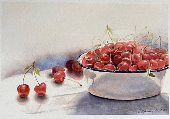 Still life with cherries, original art