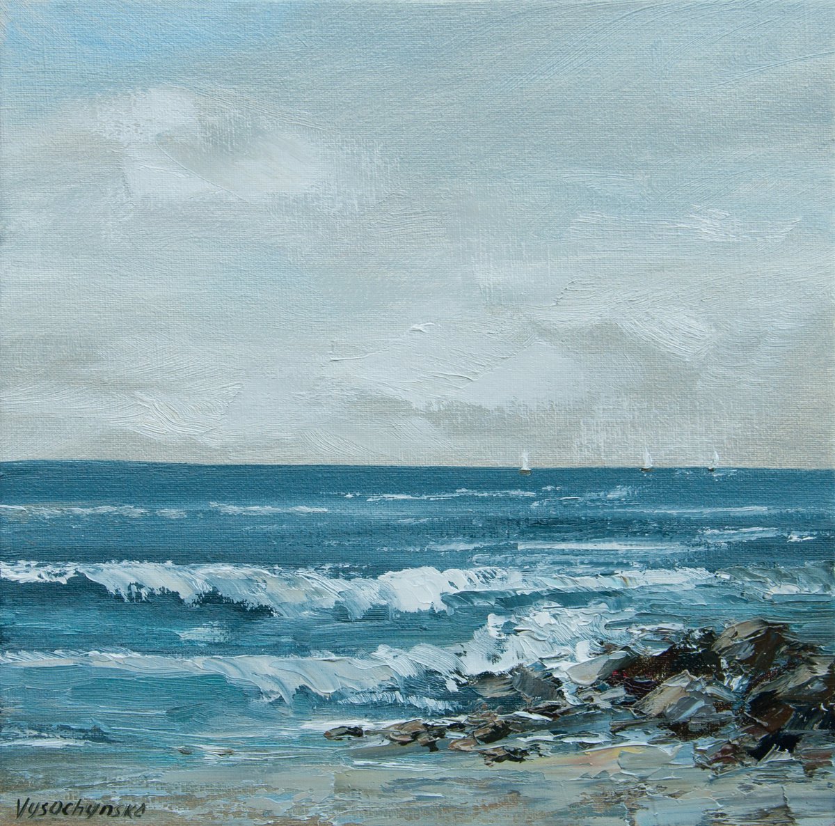 Seascape. Oil painting. Ocean, waves, stones coast. Small painting. 8 x 8 in. by Tetiana Vysochynska