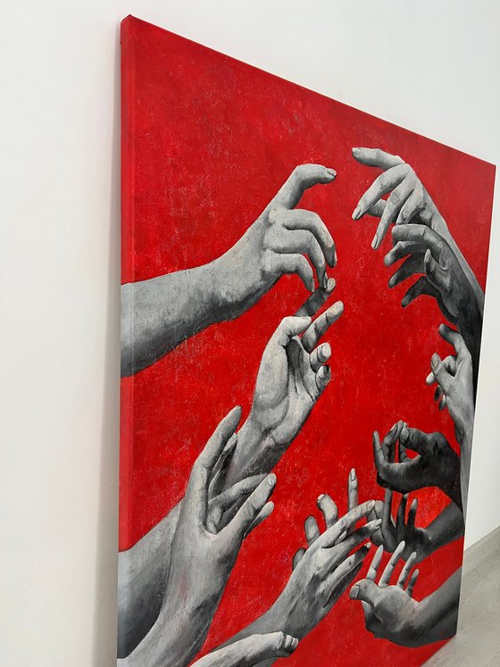 Infinity | Large Painting With Monochrome Hands On A Red Background