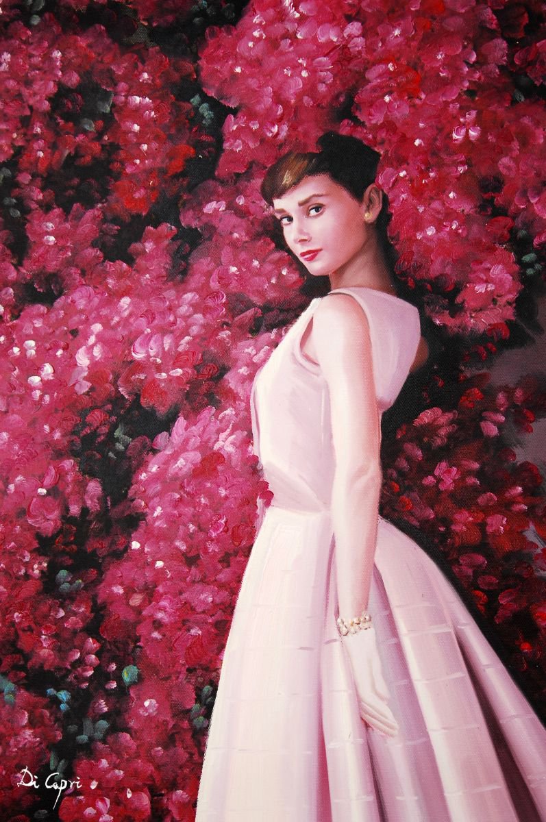 Audrey Hepburn Portrait - Audrey Hepburn and bougainvillea-? by Di Capri