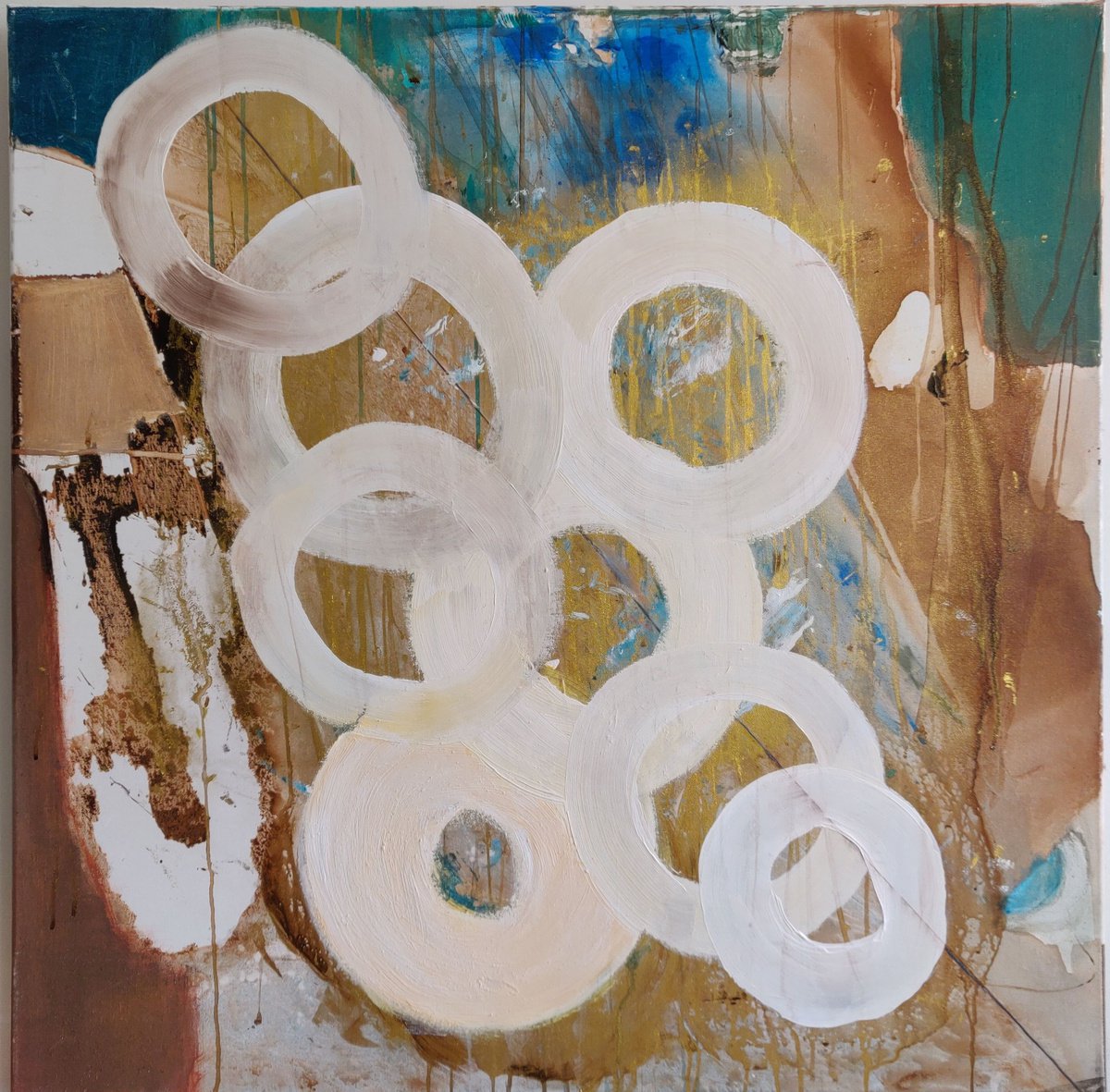 Abstract Acrylic Painting By Sylvie Dodin, 39 X 39", White Circles On Sand, Original Artwork