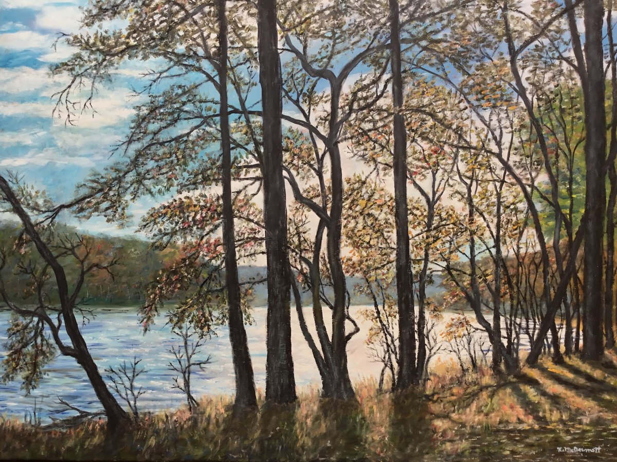 Photorealistic Landscape Oil Painting By Kathleen Mcdermott, 32 X 24", Catawba River At Rock Hill, Original Artwork