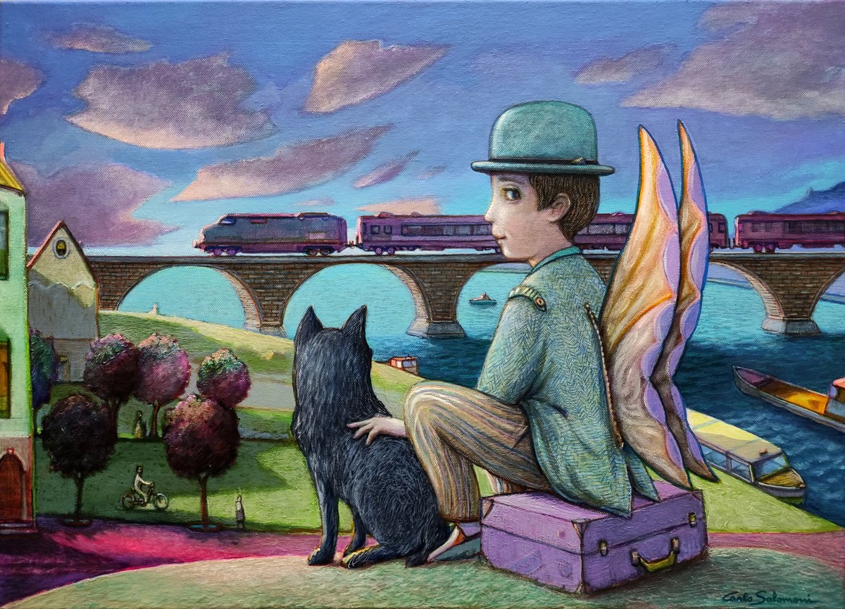 Surrealistic Cityscapes Painting By Carlo Salomoni, 28 X 20, The Angels Of Travellers, Original Artwork